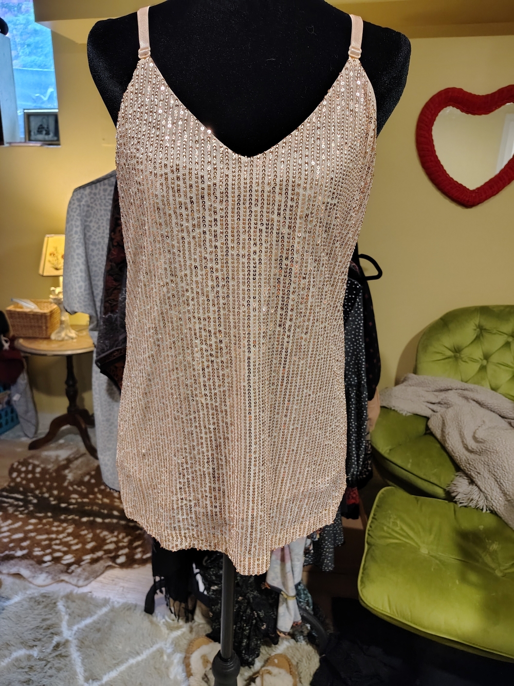 Sequin V-Neck Tank Top in Blush